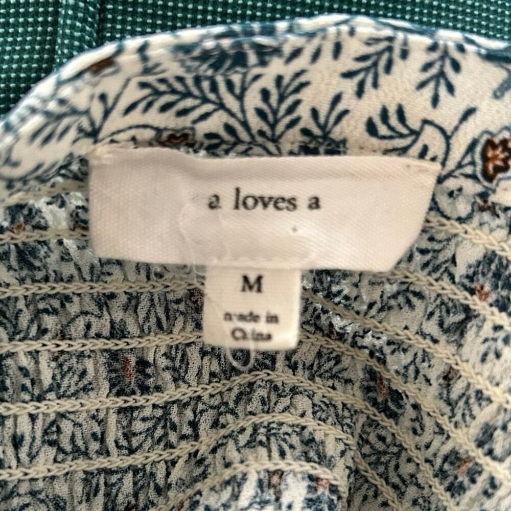 A Loves A Floral Peasant Blouse Medium Blue Boho Smocked Long Sleeve Viscose Top - Picture 5 of 9